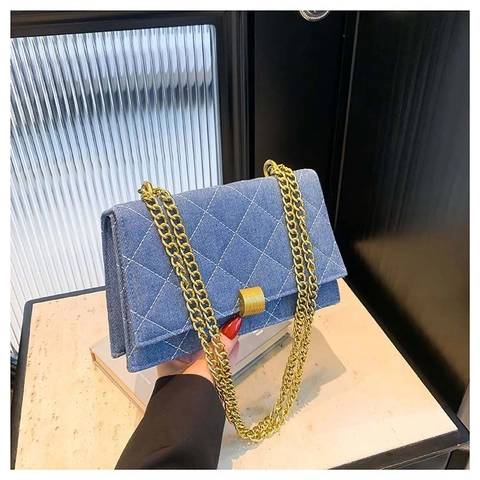 Women's Denim Quilted Diamond Chain Shoulder Bag Vintage Small Square Crossbody Bag With Metal Buckle Casual Denim Flap Bag For Daily