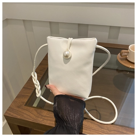 Bolso Bandolera Mini para Móvil Mujer Cuero PU Decoración de Perlas Artificiales Correa Trenzada Bolso de Hombro Minimalista