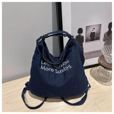Denim Tote Bag Large Capacity Embroidery Letter Less Mondays More Sundays Casual Shoulder Bag Women Vintage Streetwear
