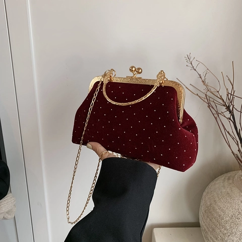 Vintage Fluwelen Avondtas Strass Gestippelde Handtas Gouden Frame Kiss Lock Clutch Schoudertas Voor Dames