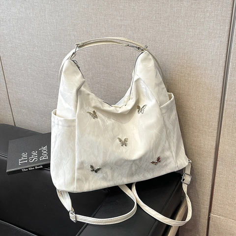 Women's Pleated PU Leather Tote Bag Butterfly Decoration Multi-purpose Shoulder Bag Crossbody Backpack For Casual Commute