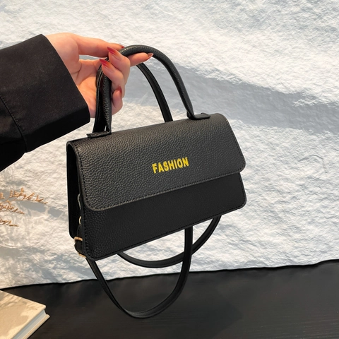 Borsa da Donna alla Moda in Pelle PU con Trama Litchi Piccola Borsa a Tracolla Quadrata con Patta e Stampa a Lettere Borsa a Mano