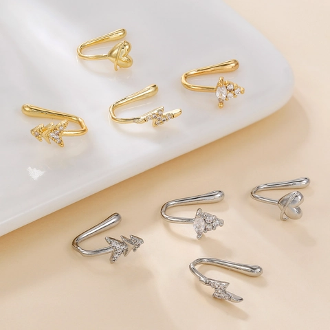 18K Gold Plated Copper Zirconia Nose Cuff Non-Piercing Clip On Nose Ring For Women Heart Lightning Christmas Tree Body Jewelry