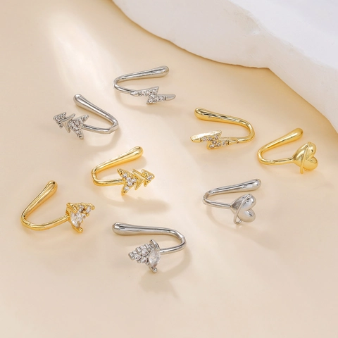 18K Gold Plated Copper Zirconia Nose Cuff Non-Piercing Clip On Nose Ring For Women Heart Lightning Christmas Tree Body Jewelry