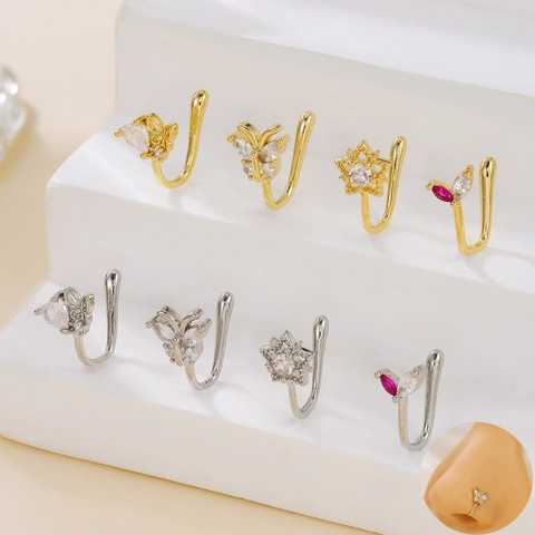 U-Shaped Non-Pierced Nose Cuff For Women Gold Silver Plated Copper Zirconia Butterfly Star Heart Nose Ring Clip On Jewelry