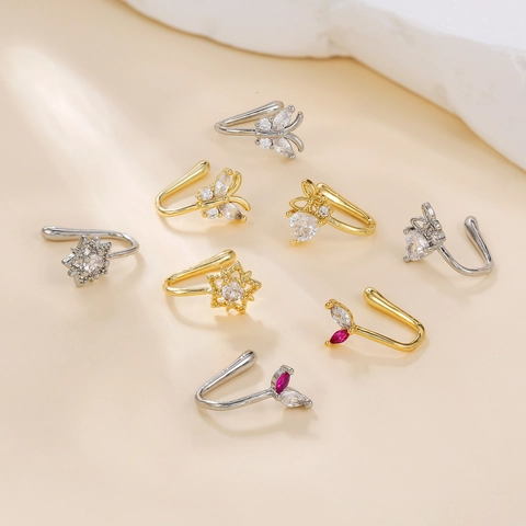 U-Shaped Non-Pierced Nose Cuff For Women Gold Silver Plated Copper Zirconia Butterfly Star Heart Nose Ring Clip On Jewelry