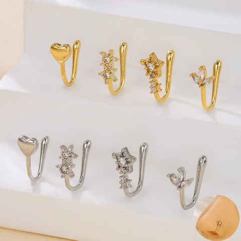 Non-Piercing Nose Cuffs For Women 18K Gold Silver Plated Copper Zirconia Heart Star Leaf Clip On Nose Ring Fake Piercing Jewelry