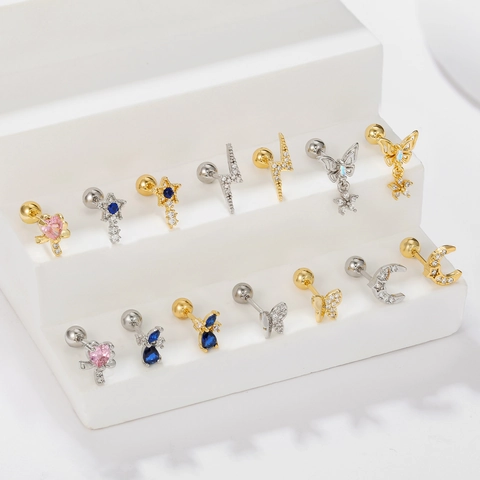 Orecchini a Bottone Dolce Zirconia Farfalla Stella Luna Con Perno in Acciaio Inossidabile Rame Placcato Oro Gioielli Piercing Cartilagine Donna
