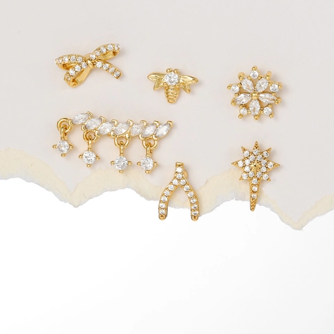 Light Luxury Copper Zirconia Stud Earrings With Stainless Steel Post Bowknot Star Bee Tassel Flower Ear Bone Stud For Women