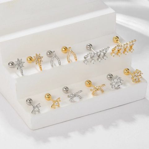 Light Luxury Copper Zirconia Stud Earrings With Stainless Steel Post Bowknot Star Bee Tassel Flower Ear Bone Stud For Women