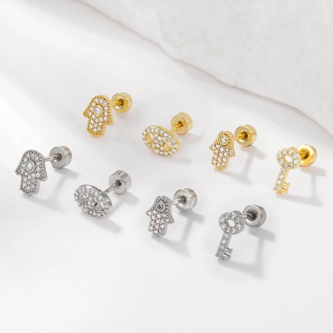 Luxury Stainless Steel Stud Earrings With Zirconia Hamsa Hand Key Coffee Bean Pattern Gold Silver Plated Jewelry For Women