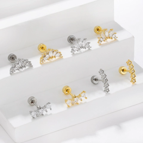 Boucles d'Oreilles Clous en Acier Inoxydable Zircone Coeur Étoile Couronne pour Femmes Bijoux de Piercing Clous de Cartilage Or Argent