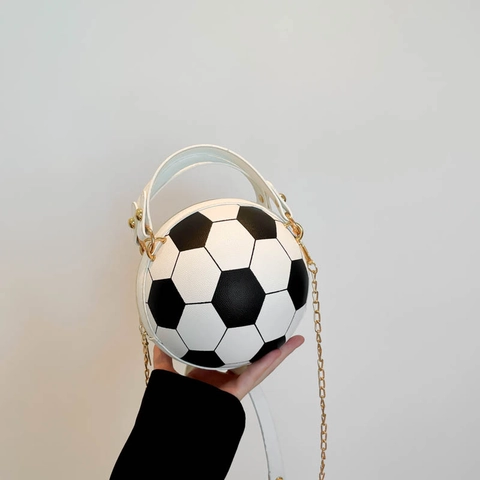 Borsa a Tracolla Rotonda da Donna a Forma di Pallone da Calcio in Pelle PU Con Tracolla a Catena Dorata