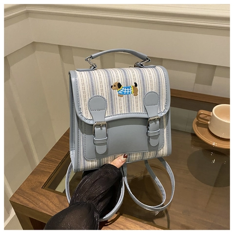 Damen Mode Gestreifter Rucksack Mit Hunde Stickerei Retro PU Leder Spleißen Handtasche Mini Reise Schultertasche Für Schule