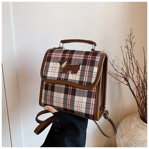 Vintage Karierte Kleine Quadratische Tasche Mit Dackeler-Stickerei Damen Retro Preppy Stil Umhängetasche Student Rucksack