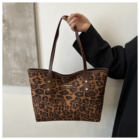 Borsa Tote da Donna a Grande Capacità con Stampa Leopardata in Tela e Pelle con Cuciture Borsa a Tracolla Casual Autunno Inverno