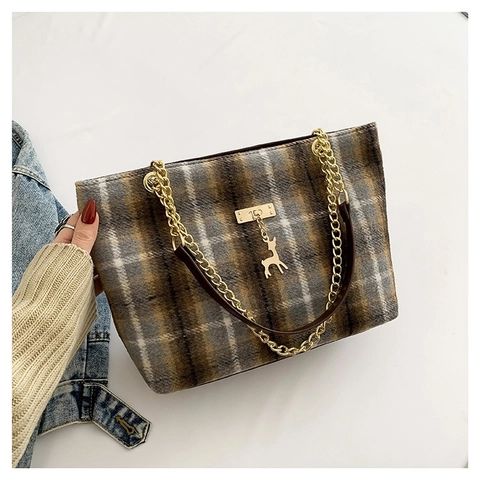 Vintage Plaid Wollte-Tasche Mit Metallkette Und Hirsch Anhänger Retro Umhängetasche Mit Großer Kapazität Für Damen