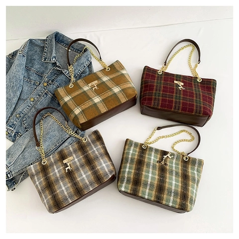 Vintage Plaid Wollte-Tasche Mit Metallkette Und Hirsch Anhänger Retro Umhängetasche Mit Großer Kapazität Für Damen
