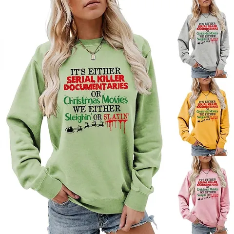 Sweatshirt Décontracté pour Femmes avec Slogan de Noël Imprimé de Lettres Humoristiques Col Rond Ample Manches Longues Pullover de Fête