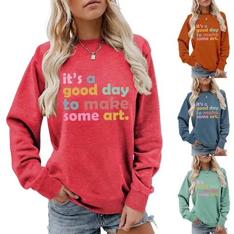 Sweat-shirt À Col Rond Pour Femmes Mélange De Coton Manches Longues Imprimé Lettres D'art Pull Décontracté Ample