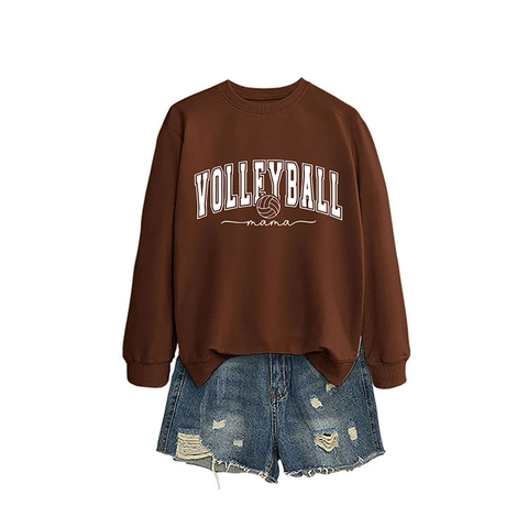 Felpa Volleyball Mama Donna Casual Girocollo Manica Lunga Misto Cotone Pullover Sportivo Top Grafico