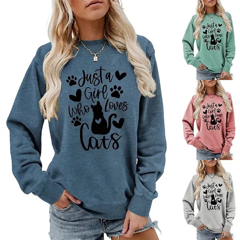 Dames Casual Katoenmix Sweatshirt Just A Girl Who Loves Cats Letterprint Losse Pullover Ronde Hals Lange Mouw Top