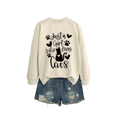 Dames Casual Katoenmix Sweatshirt Just A Girl Who Loves Cats Letterprint Losse Pullover Ronde Hals Lange Mouw Top