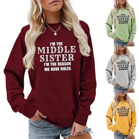 Felpa E Pantaloncini Con Stampa Lettere Middle Sister Misto Cotone Girocollo Manica Lunga Pullover Casual Moda Donna Comoda