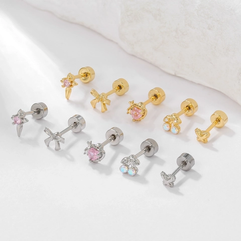 Cubic Zirconia Cartilage Stud Earrings Brass 18K Gold Plated Stainless Steel Earring Post Screw Back Bowknot Heart Star
