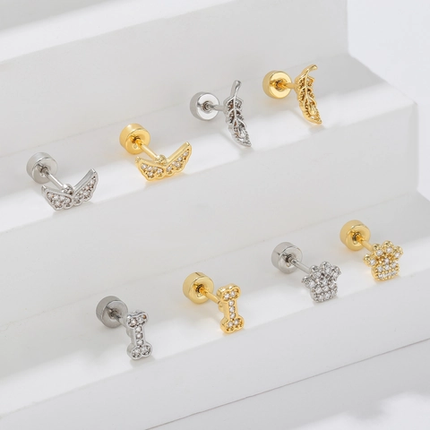 Small Cubic Zirconia Cartilage Stud Earrings With Stainless Steel Post Copper Gold Plated Paw Feather Bone Wings Earrings
