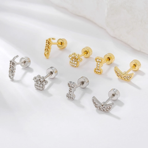 Small Cubic Zirconia Cartilage Stud Earrings With Stainless Steel Post Copper Gold Plated Paw Feather Bone Wings Earrings