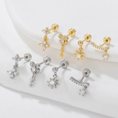 Fashion Brass Gold Plated Zirconia Stud Earrings For Women Star Bowknot Cross Dangle Earbone Nails With Stainless Steel Post Sweet Fairy Style Jewelry