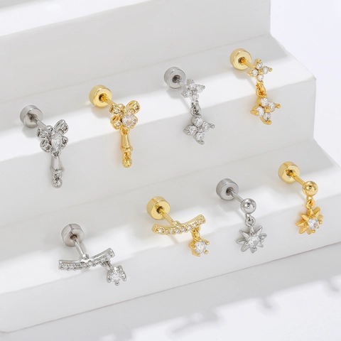 Fashion Brass Gold Plated Zirconia Stud Earrings For Women Star Bowknot Cross Dangle Earbone Nails With Stainless Steel Post Sweet Fairy Style Jewelry