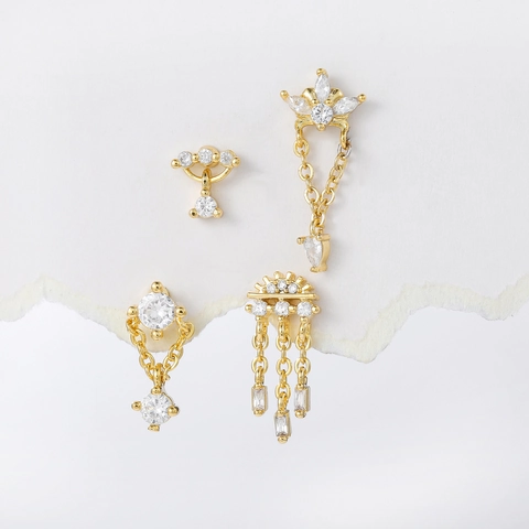Gold Plated Brass Zircon Stud Earrings Tassel Chain Dangle Leaf Crown Stainless Steel Earring Post Screw Back