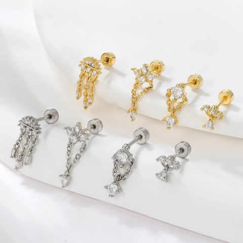 Gold Plated Brass Zircon Stud Earrings Tassel Chain Dangle Leaf Crown Stainless Steel Earring Post Screw Back