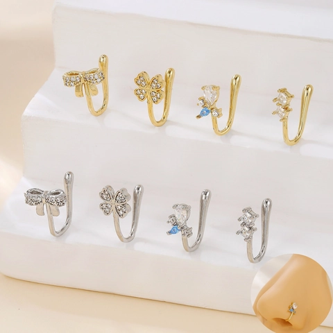 Non Pierced U-Shaped Nose Cuff For Women Bow Clover Zirconia Inlaid Gold Silver Plated Copper Nose Ring Clip Fashion Jewelry