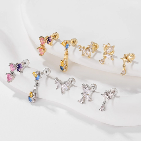 Cubic Zirconia Butterfly Star Stud Earrings With Copper 18K Gold Plated And Stainless Steel Earring Post For Women