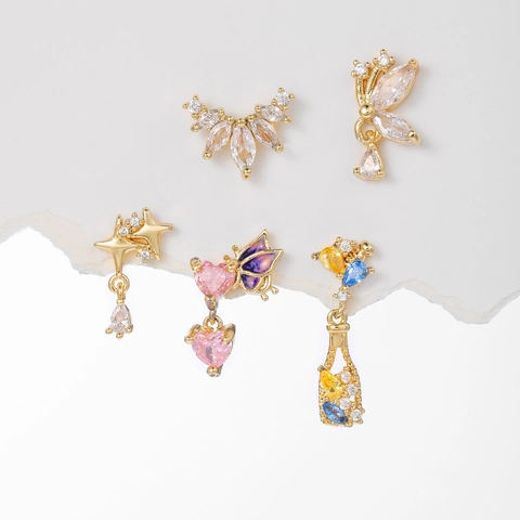 Cubic Zirconia Butterfly Star Stud Earrings With Copper 18K Gold Plated And Stainless Steel Earring Post For Women