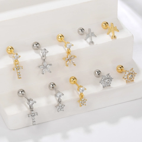 Boucles d'Oreilles Clous en Acier Inoxydable pour Femmes Zirconium Avion Étoile Fleur Croix Soleil Vis Arrière Or Argent Bijoux