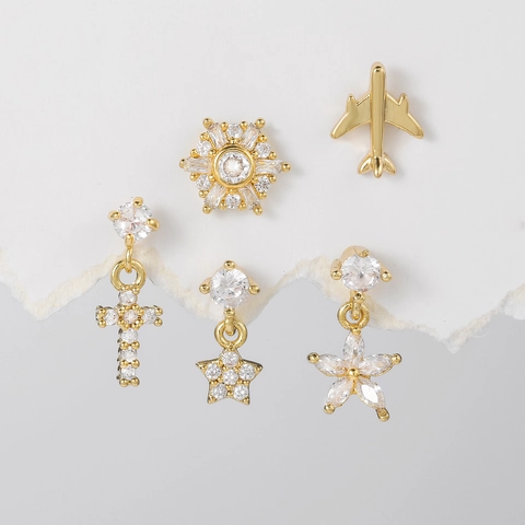 Boucles d'Oreilles Clous en Acier Inoxydable pour Femmes Zirconium Avion Étoile Fleur Croix Soleil Vis Arrière Or Argent Bijoux