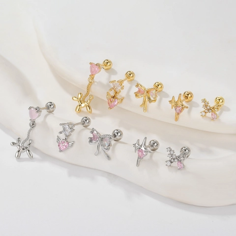 18K Gold Plated Copper Pink Zircon Bowknot Butterfly Heart Balloon Dog Stud Earrings Stainless Steel Post Women Jewelry