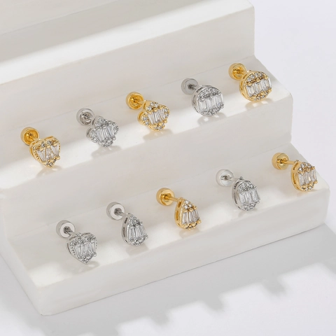 18K Gold Plated Zirconia Heart Floral Stud Earrings With Stainless Steel Earring Post Screw Back Helix Jewelry For Women