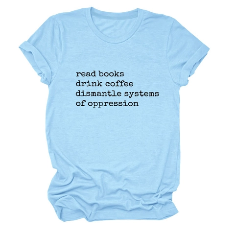 Damen Casual Baumwollmischung Rundhals T-Shirt Read Books Drink Coffee Buchstaben-Druck Locker Kurzarm Sommer Basic Top