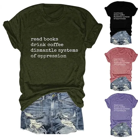 Damen Casual Baumwollmischung Rundhals T-Shirt Read Books Drink Coffee Buchstaben-Druck Locker Kurzarm Sommer Basic Top