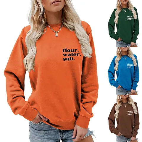 Sweat-Shirt À Imprimé Lettres Flour Water Salt Coton Polyester Col Rond Manches Longues Pull Décontracté Pour Femmes