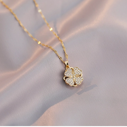 Clover Heart Pendant Necklace Stainless Steel Sparkling Zirconia Rotating Fashion Jewelry For Women