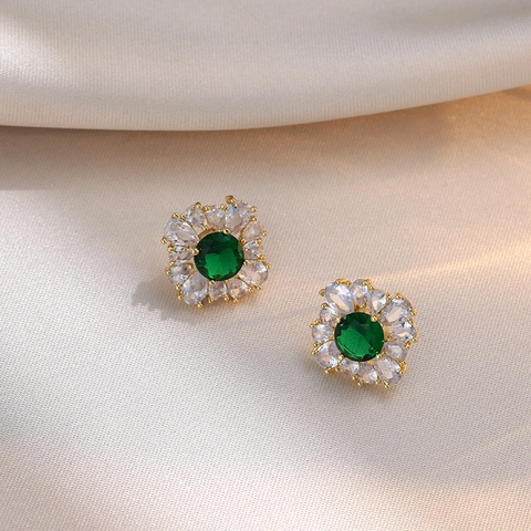 Boucles D'oreilles Puces Fleur Élégantes Cuivre Zircone Vert Émeraude Style Coréen Bijoux De Luxe Pour Femmes