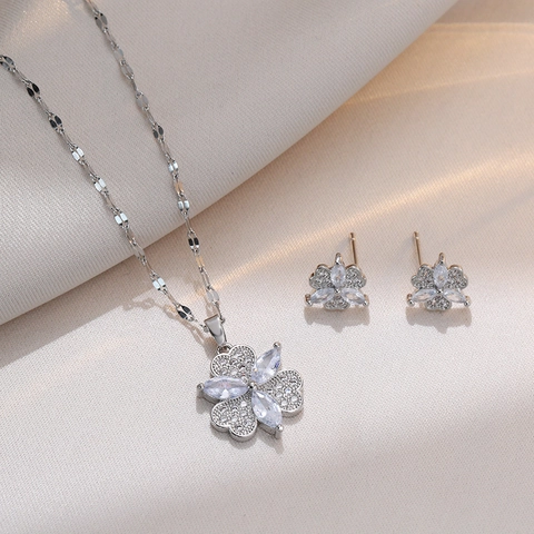 Collana E Orecchini A Fiore Di Trifoglio In Acciaio Al Titanio Zircone Gioielli Eleganti Moda Coreana Stile Ins Per Donne