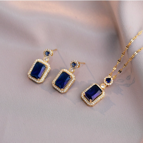Retro Rectangle Blue Crystal Jewelry Necklace Earrings Ring Titanium Steel Halo Rhinestone Elegant Women