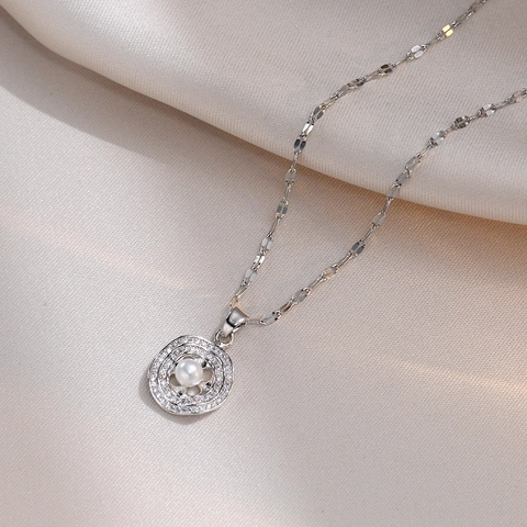 Collana E Orecchini Gioielli Acciaio Al Titanio Perla Artificial Sintetica Zircone Ciondolo Rotondo Geometrico Elegante Per Donna
